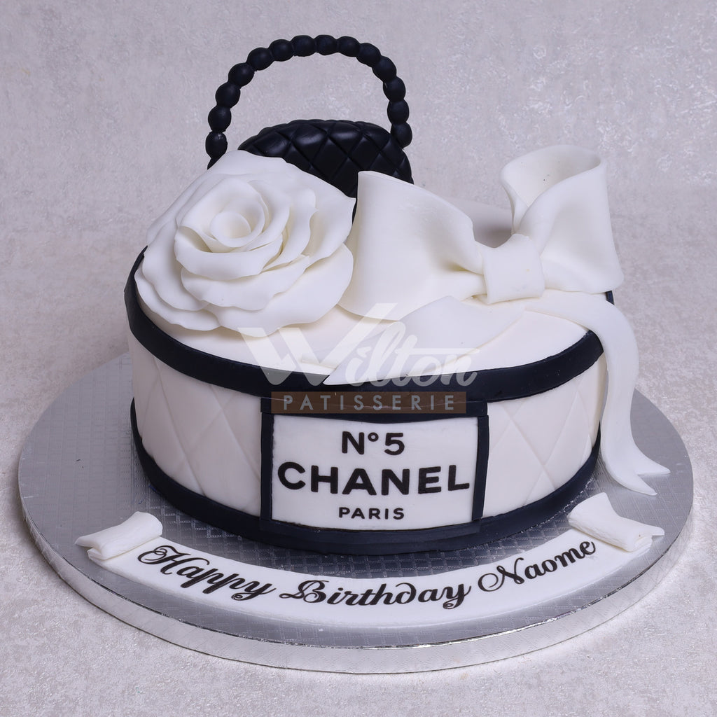 Elegant CoCo Chanel Themed Birthday Cake in Black and Whit…